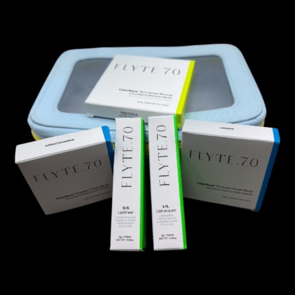 Flyte 70 5PC Makeup Bundle w/Cosmetic Travel Bag in Pale Blue/Neon Yellow (NEW)
